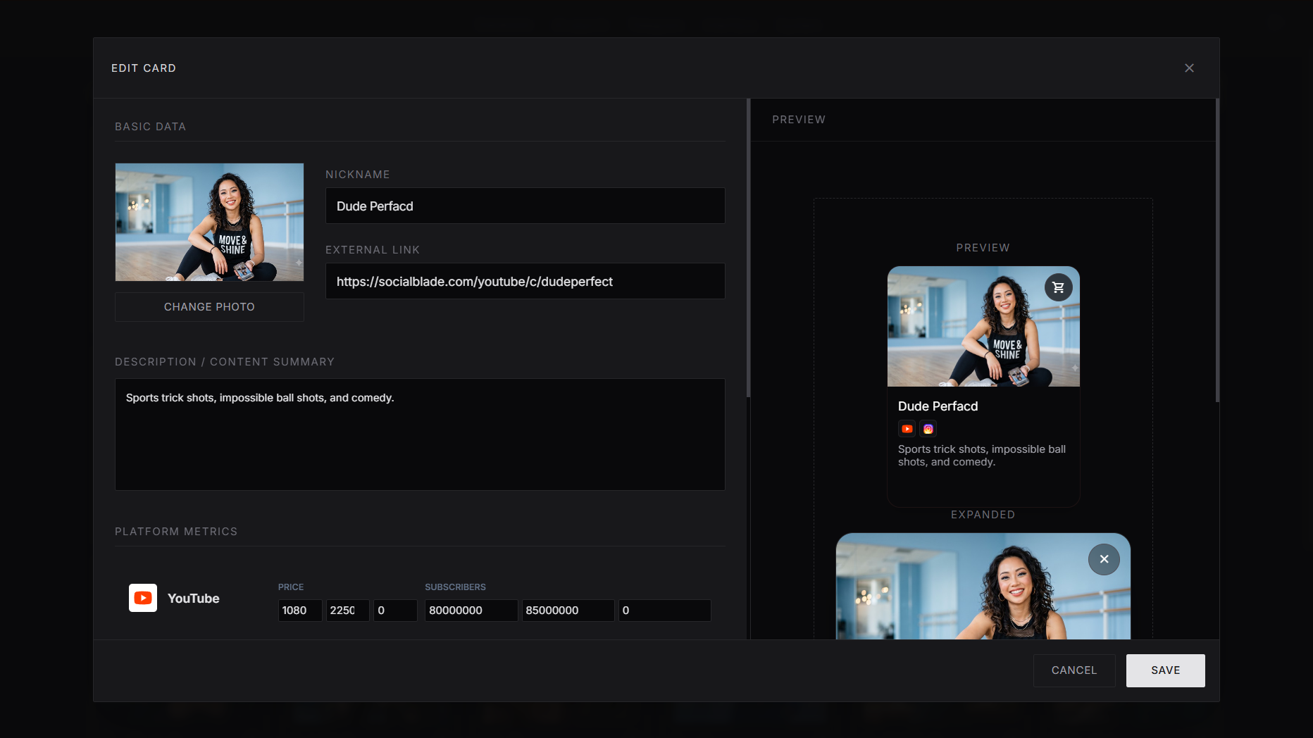 Creator Showcase — admin card editor