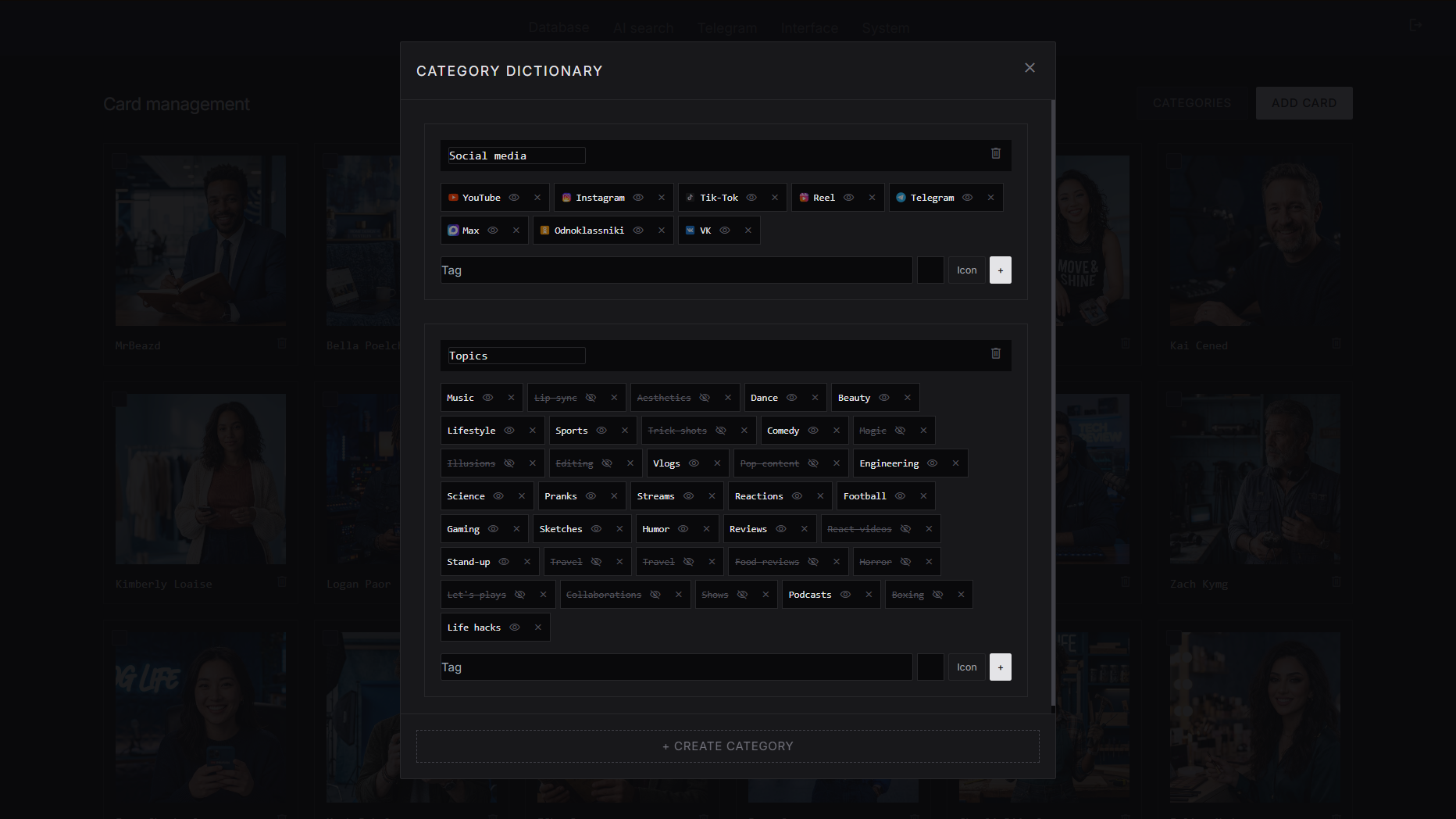 Creator Showcase — admin categories